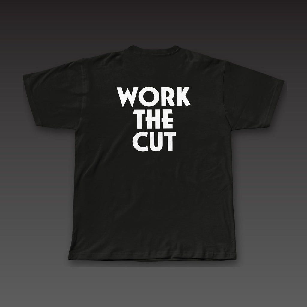 Geometric Tee in black, Work the Cut stacked in geometric letters across the back