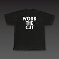 Geometric Tee in black, Work the Cut stacked in geometric letters across the back