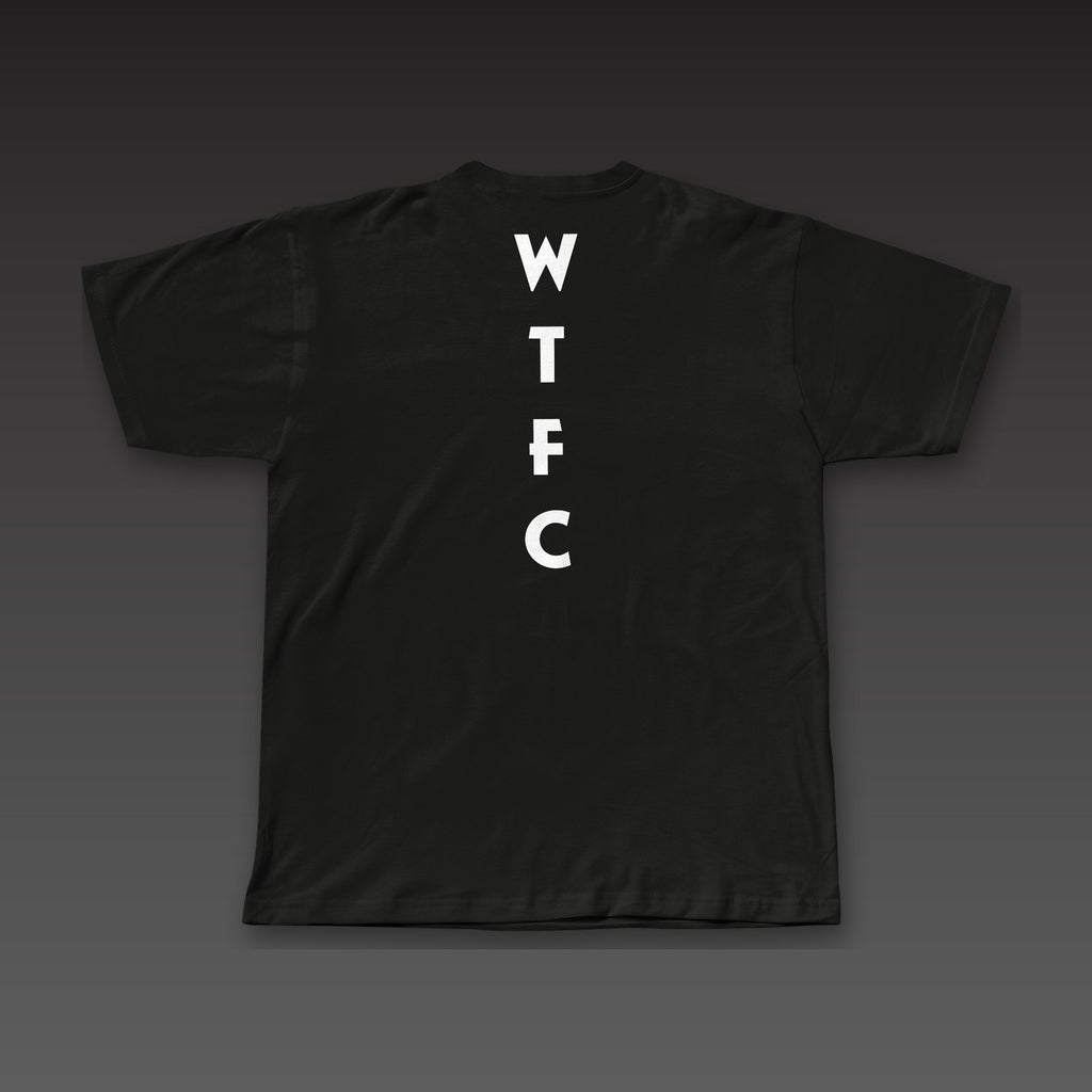 Geometric Spine Tee in black, geometric WTFC running down the spine
