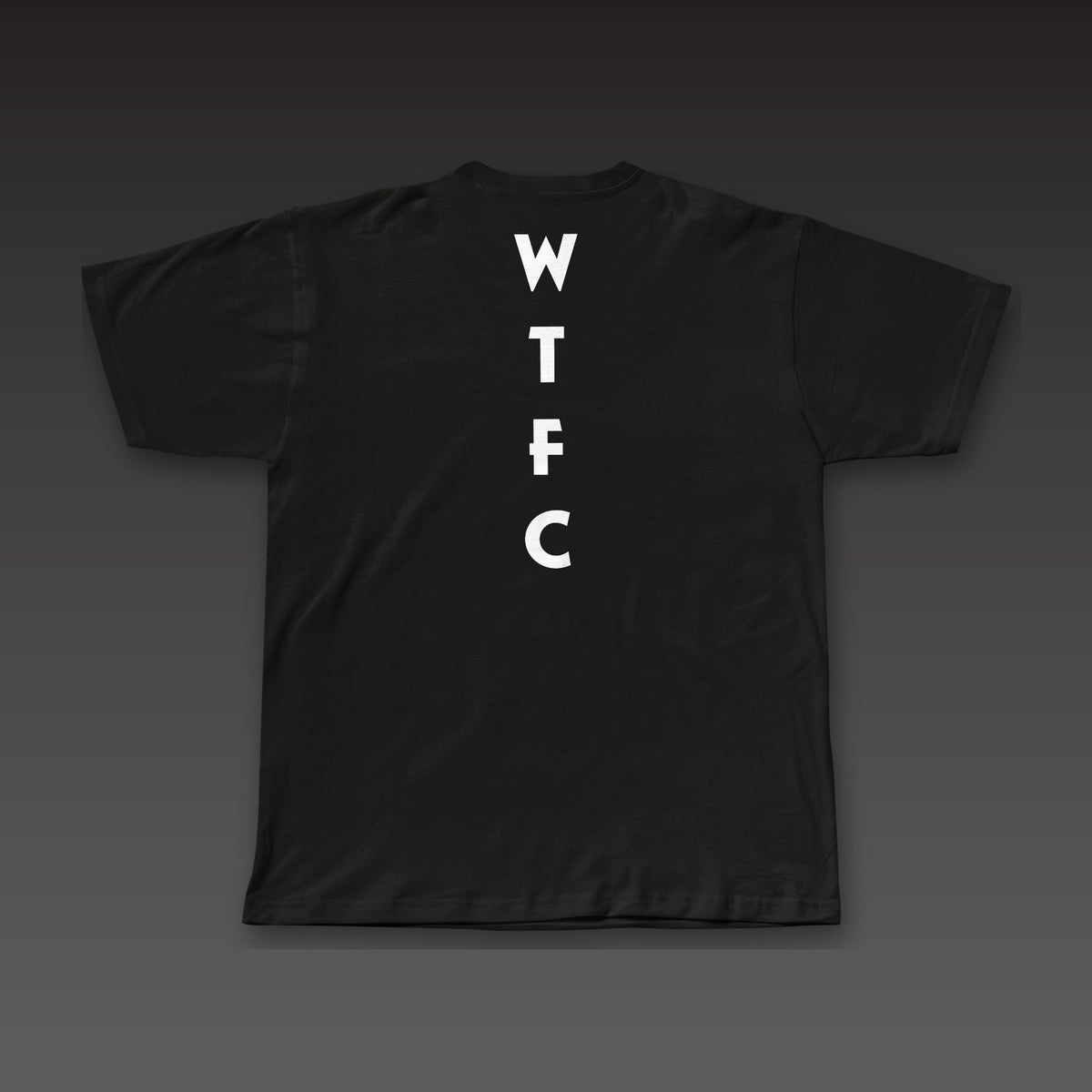 Geometric Spine Tee in black, geometric WTFC running down the spine