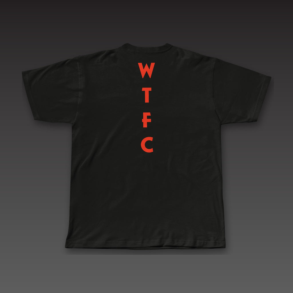 Geometric Spine Tee in black / blood orange, geometric WTFC running down the spine