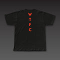 Geometric Spine Tee in black / blood orange, geometric WTFC running down the spine