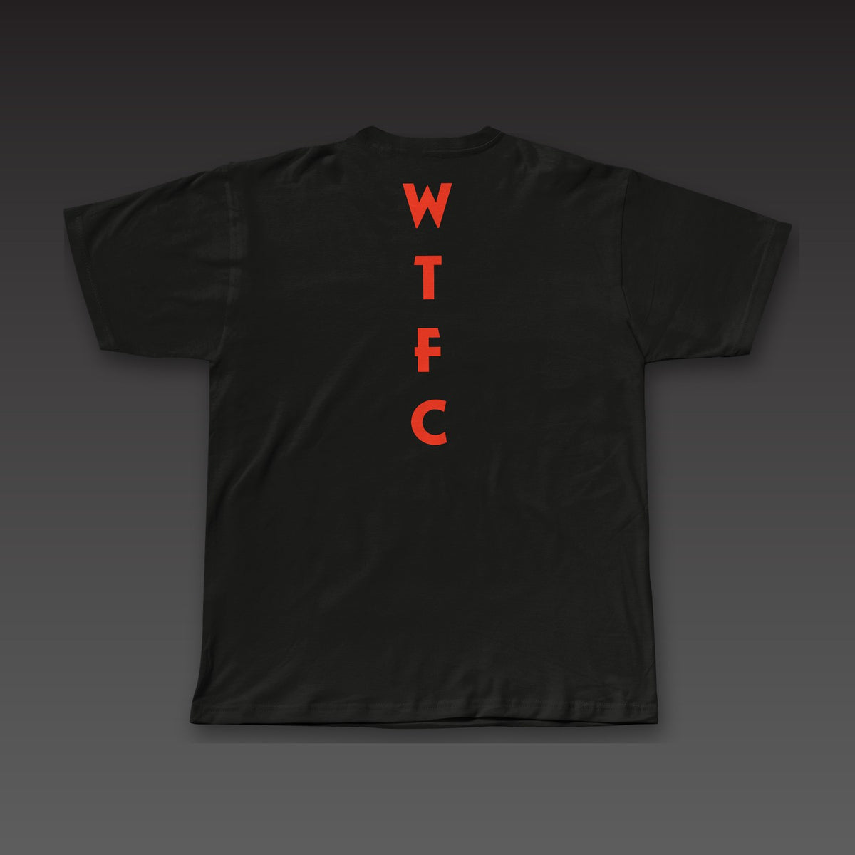 Geometric Spine Tee in black / blood orange, geometric WTFC running down the spine