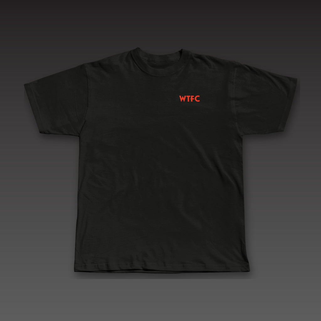 Geometric Spine Tee in black / blood orange, geometric WTFC on the left chest
