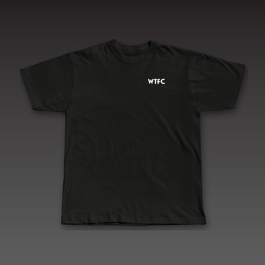 Geometric Spine Tee in black, geometric WTFC on the left chest