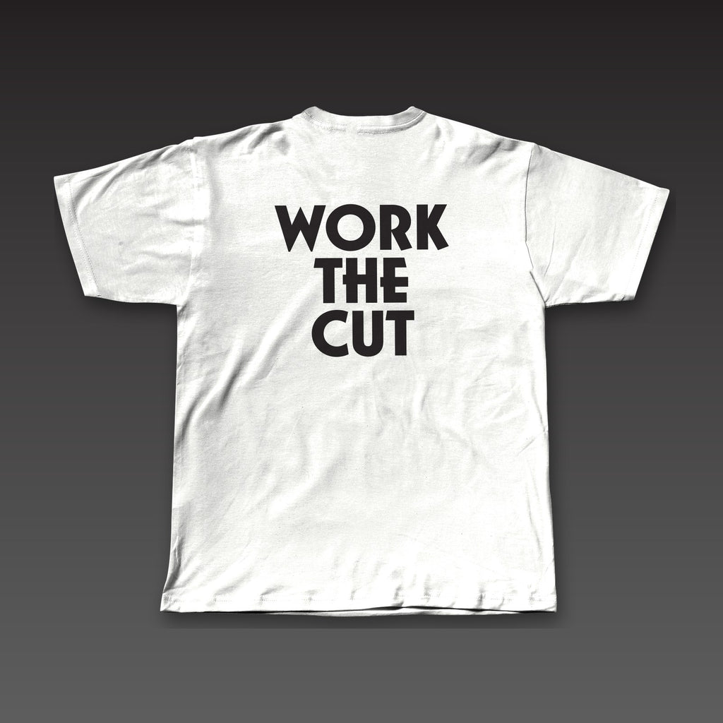 Geometric Tee in white, Work the Cut stacked in geometric letters across the back