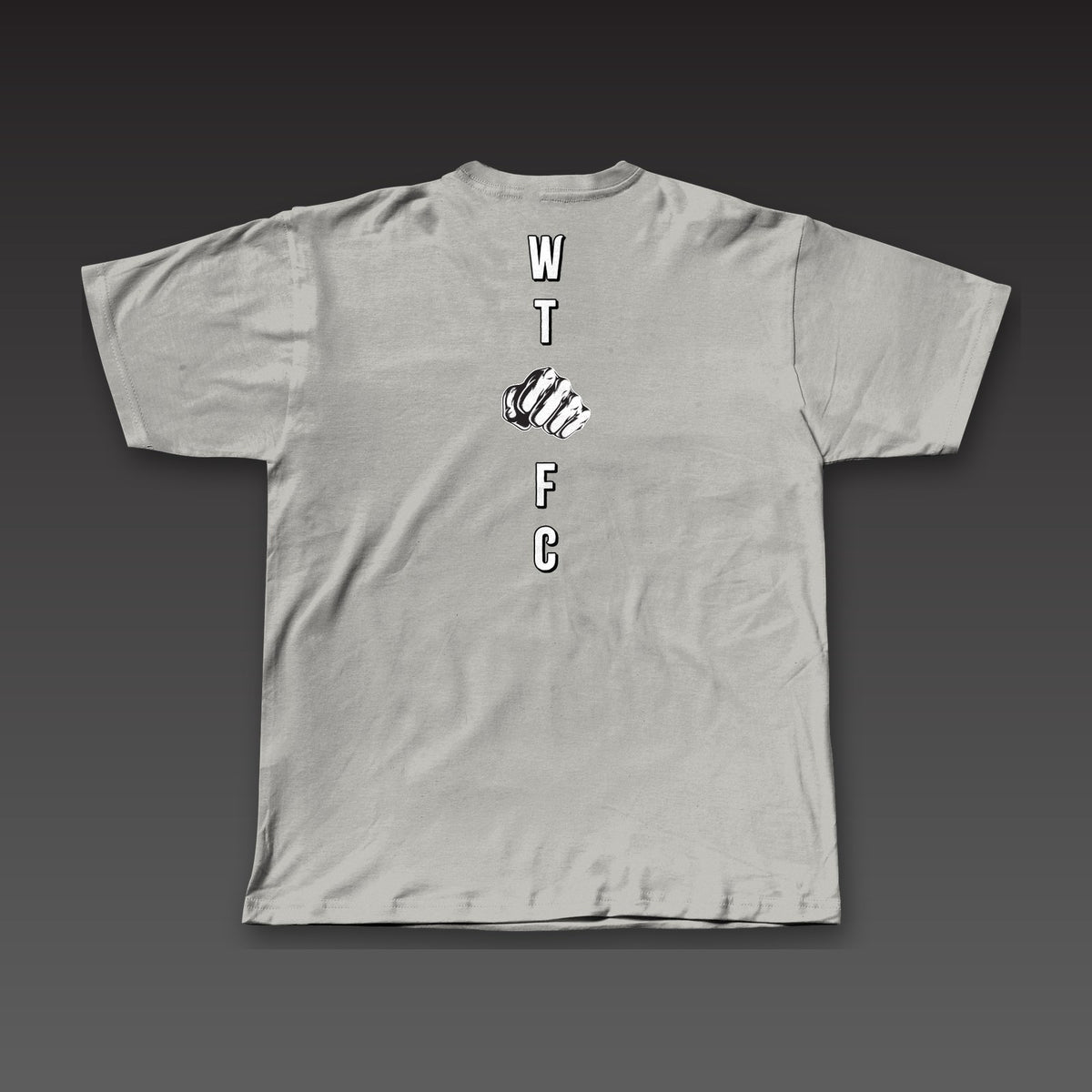 Outlined Spine Tee in athletic grey, outlined W, T, fist, F and C down the back