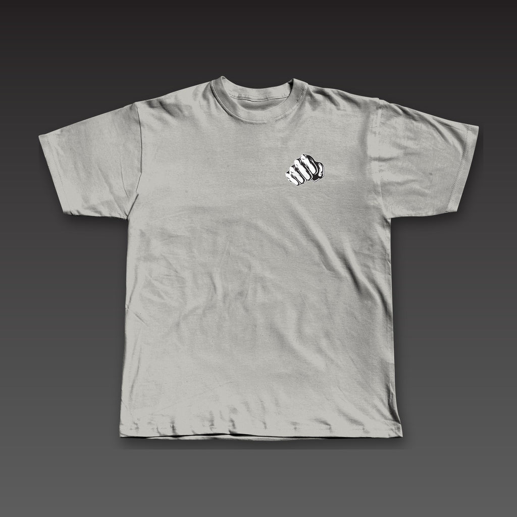 Outlined Spine Tee in athletic grey, a fist on the left chest