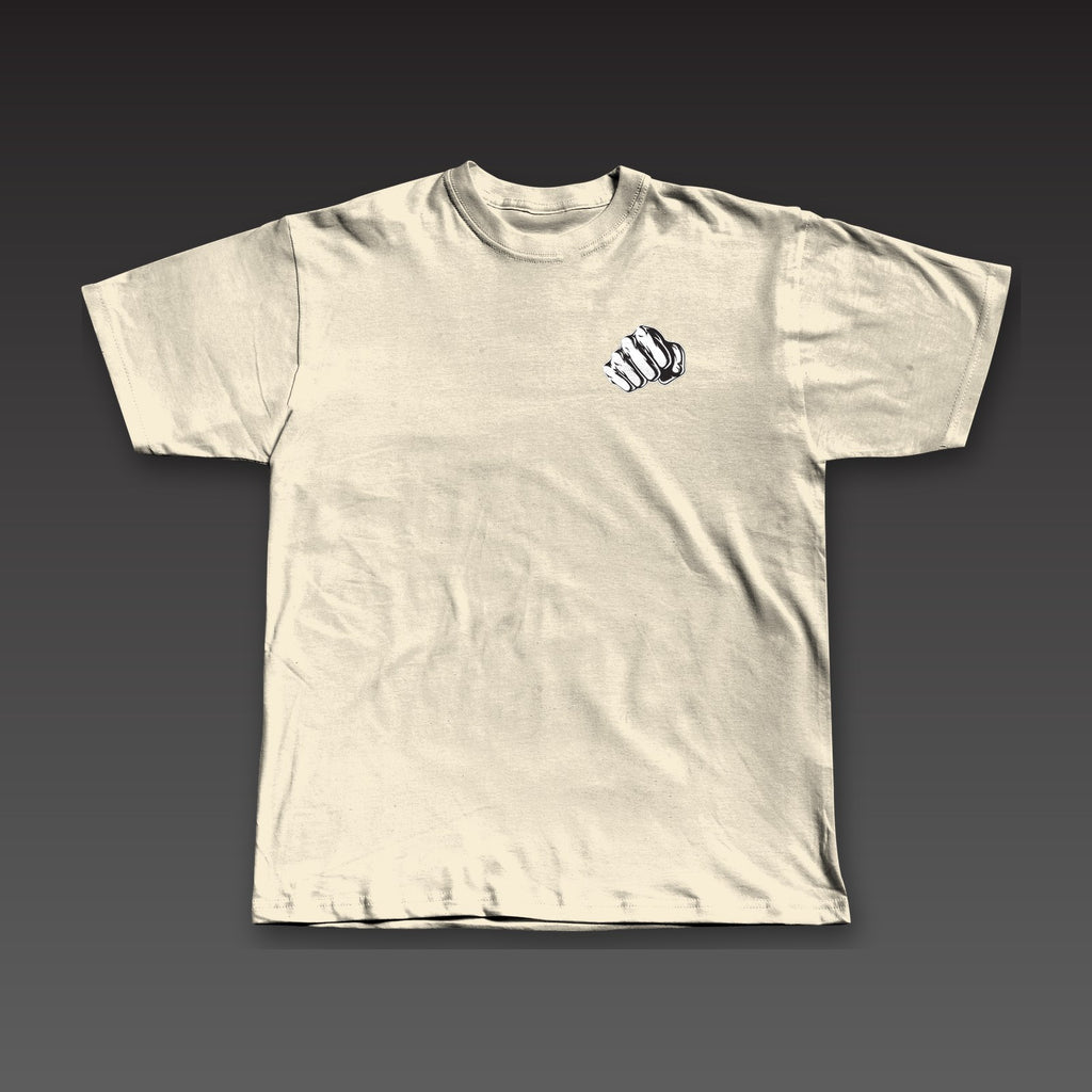 Outlined Spine Tee in oatmeal, a fist on the left chest