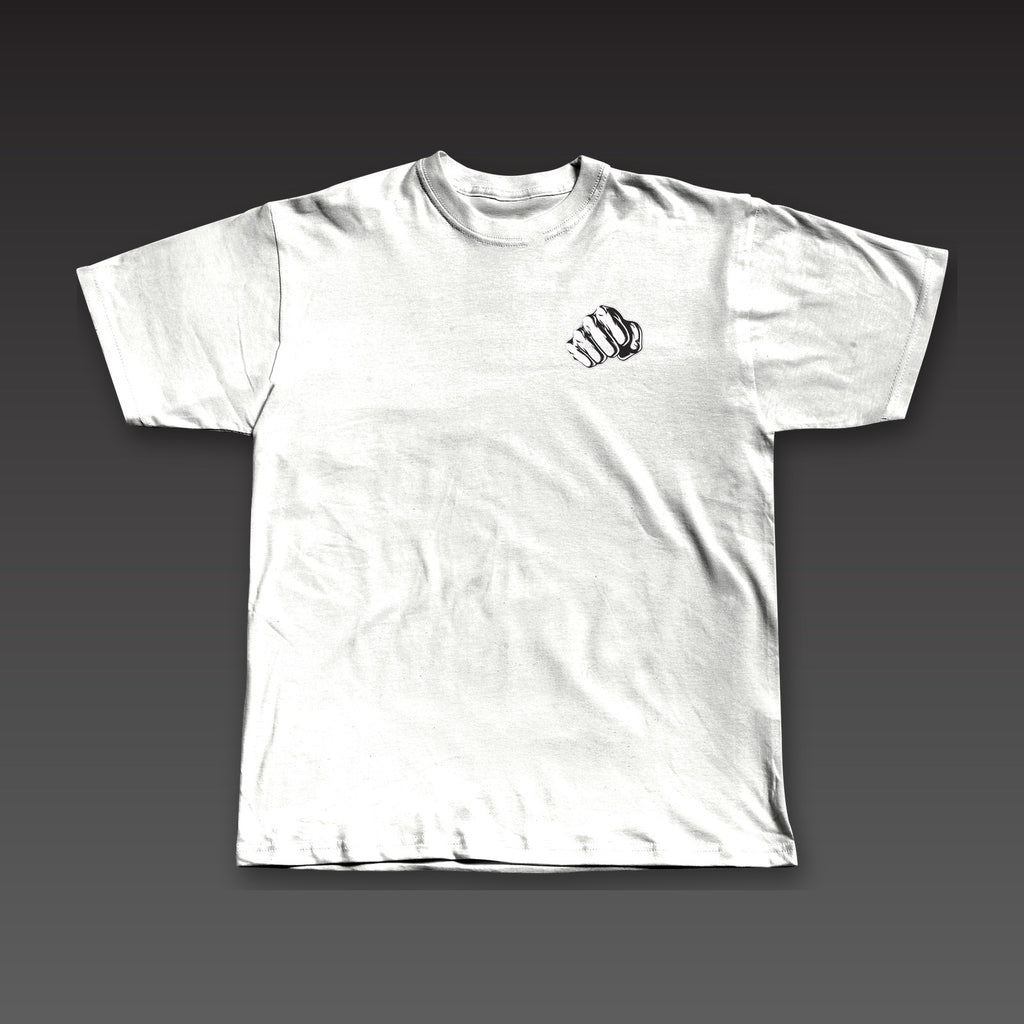 Outlined Spine Tee in white, a fist on the left chest