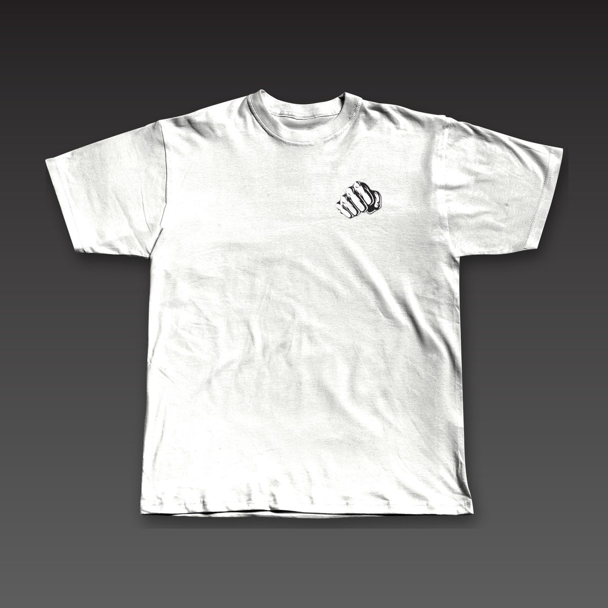 Outlined Spine Tee in white, a fist on the left chest