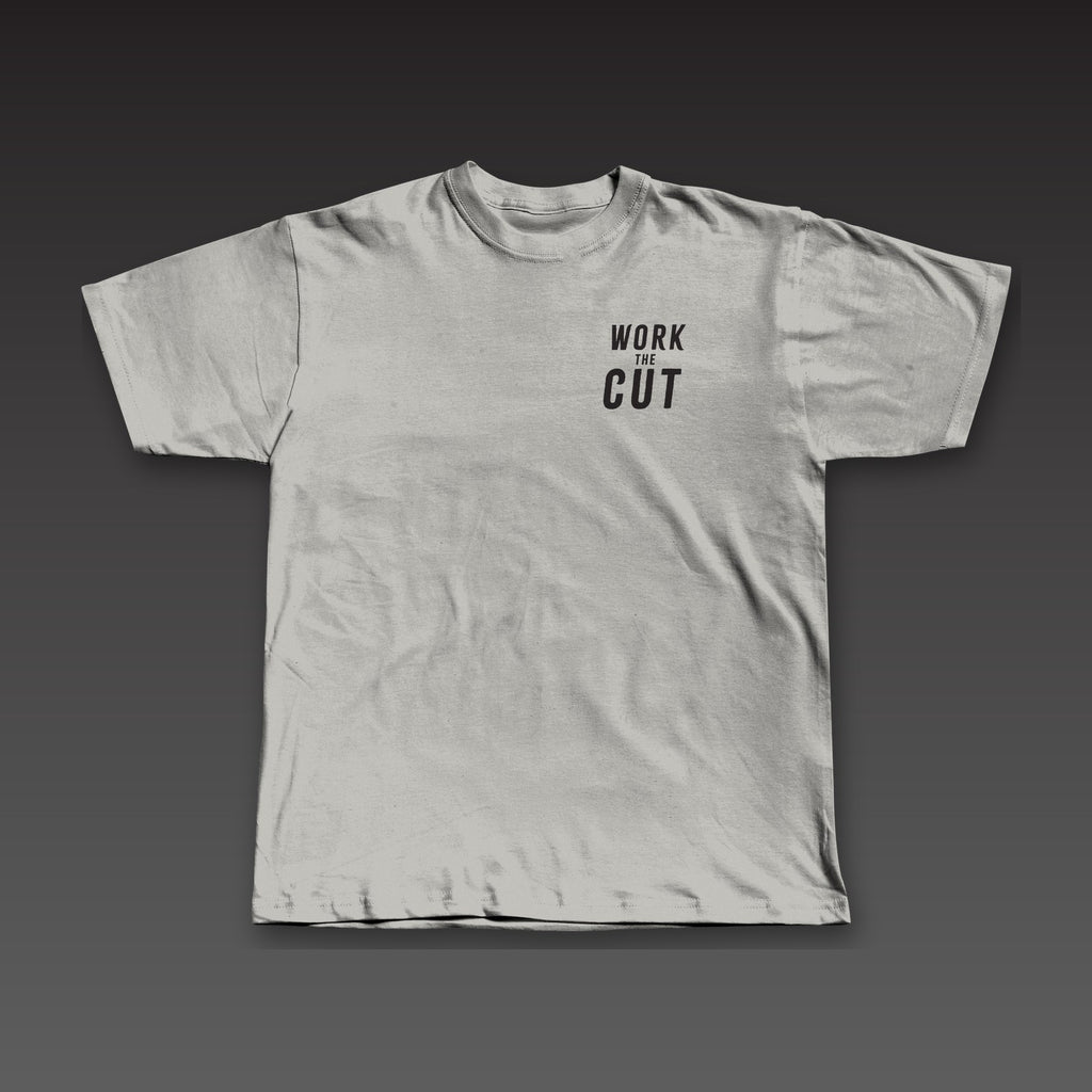 Spine Tee in athletic grey, Work the Cut stacked on the left chest
