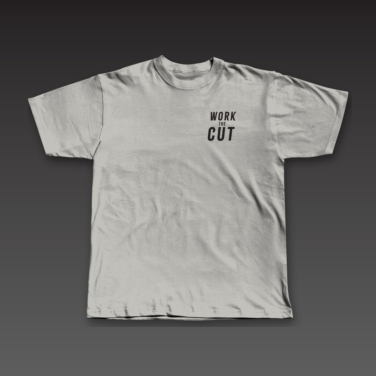 Spine Tee in athletic grey, Work the Cut stacked on the left chest