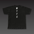 Spine Tee in black, WTFC running down the spine