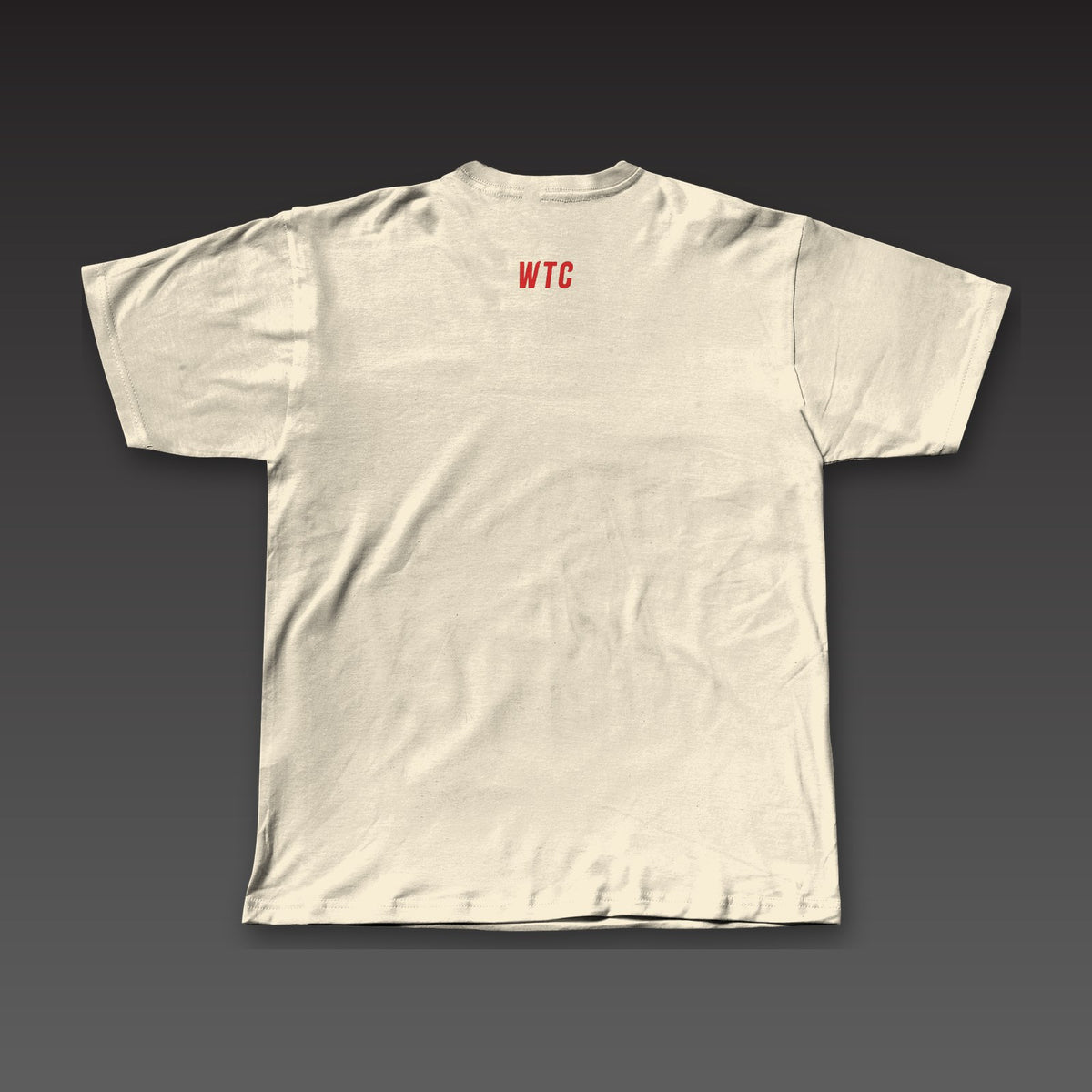 The Climb Tee in oatmeal / red, a small WTC below the back collar