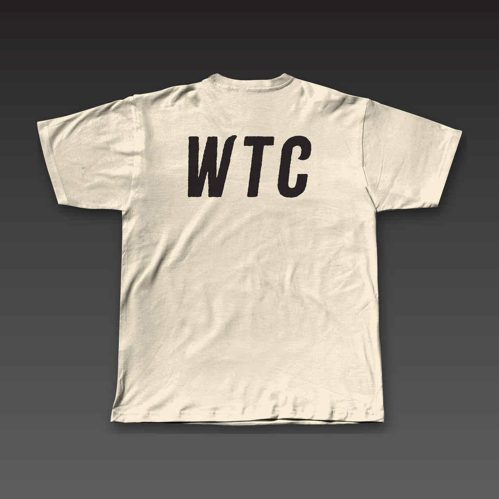 WTC Twice Tee in oatmeal, WTC across the full back